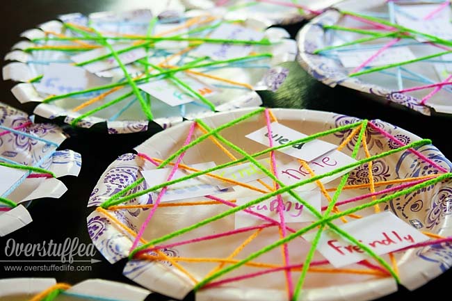 Charlotte's Web Book Club Craft: Paper plate spider webs with complimentary words.