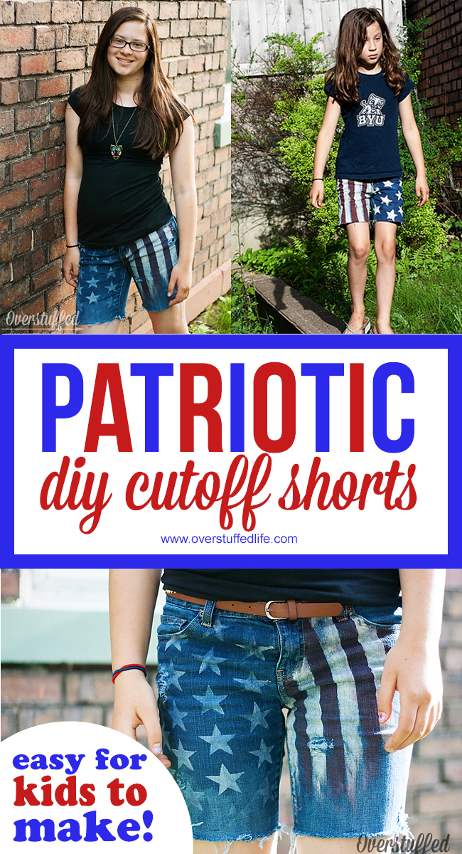 These DIY PATRIOTIC CUTOFF SHORTS are EASY TO MAKE. Perfect 4th of July CRAFT FOR KIDS that they can then wear to the 4th of July Celebrations!