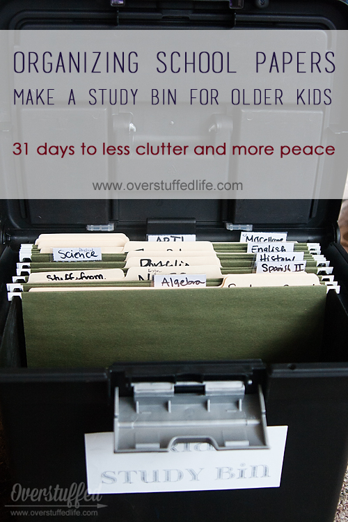 Use a file folder box to create a study bin for your older children. This way they are able to keep all of the study guides and important papers in once place and be more successful at school. Plus 6 other ideas for keeping your kids' school papers organized and your desk free of paper clutter!