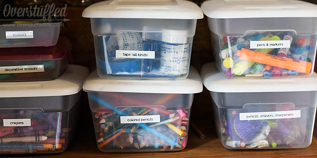 Use bins or other containers you already have to organize things like crayons and markers
