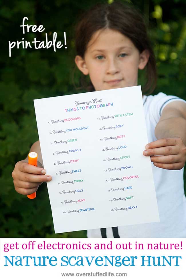 A nature scavenger hunt is a great way to get kids excited about leaving their screens and getting outside. Simply print out the list, grab a camera, and go find some fun things in nature!