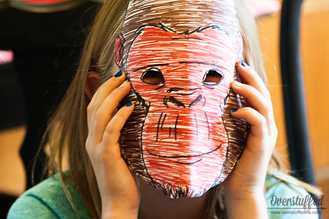 Activity idea for a book club to discuss The One and Only Ivan: Making gorilla masks.