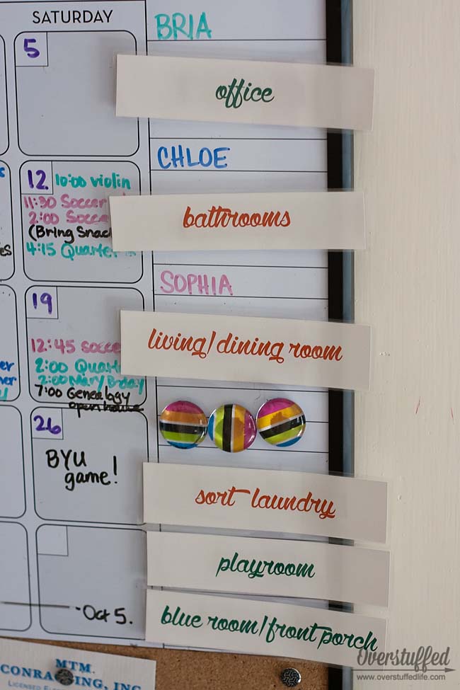 Use magnetic strips to show which zone your kids are in charge of for the week. #overstuffedlife