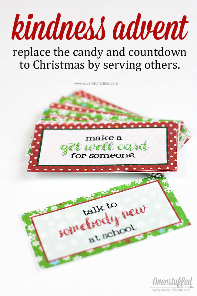 Print out these cute advent cards to put into your advent calendar. Each day has a way to be kind or serve someone on it. Great way to keep the Christmas spirit! #overstuffedlife