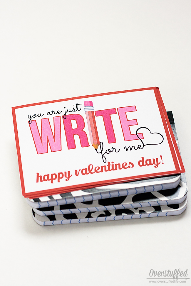 Super cute Valentine's Day printable for use with notebooks, pencils, or other writing utensils. "You're just WRITE for me" #overstuffedlife