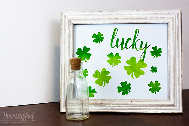 Free printable download. Beautiful watercolor "lucky" printable for St. Patrick's Day. #overstuffedlife