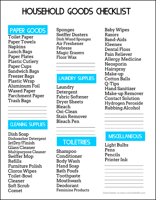 Free downloadable printable—a checklist to help you keep track of your household goods. Includes paper goods, cleaning supplies, laundry supplies, toiletries, and miscellaneous categories. #overstuffedlife