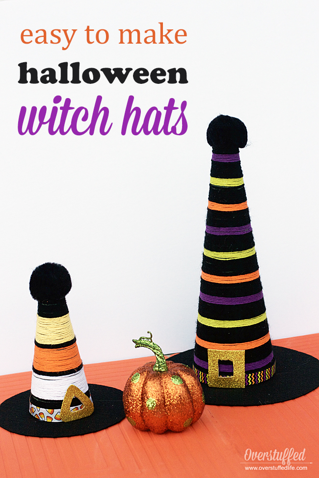 These Halloween witch hats are made of yarn and a few other craft supplies. They are easy to make and better yet, they are totally adorable! Such a cute addition to your Halloween decor!