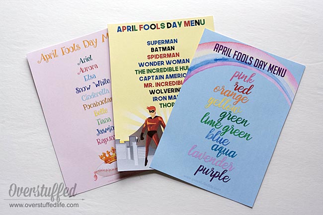 April Fools Day mystery dinner printable menus for kids