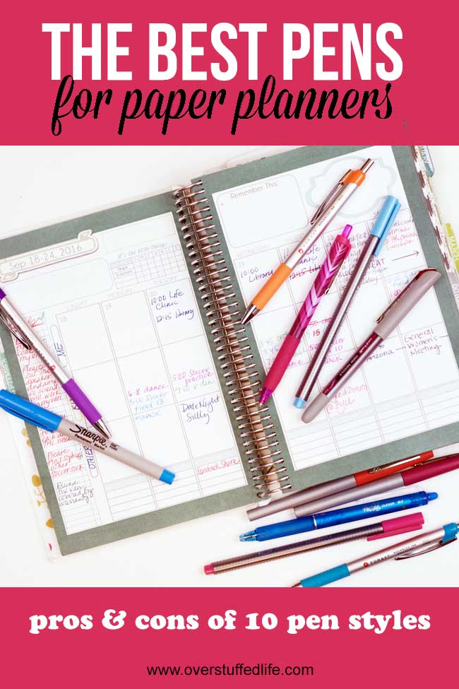 best pen to use with a paper planner | pros and cons of 10 types of pen | color coding for planners | how to color code your planner | Pilot Frixion | PaperMate Flair | PaperMate Ink Joy | Foray | Uniball vision needle | Pilot G2 | Staedtler Fineliner | Sharpie Ultra Fine | paper planning | office supplies | tips for paper planners