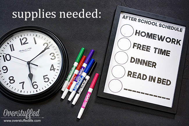 Supplies needed for erasable after school routine clock: Dry erase markers, printable, 8x10 frame, and clock