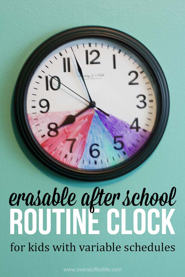 Erasable after school routine clock | for kids with variable schedules | ideas for keeping kids on schedule | color coded printable schedule for kids | after school schedule: homework, chores, dinner, free time, extracurricular activities