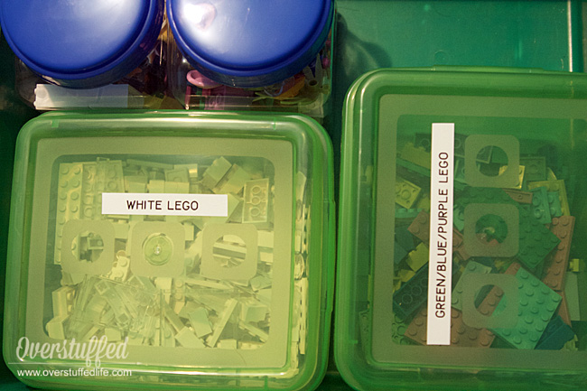 Use a labelmaker to label the toys in your playroom—including LEGO bins.