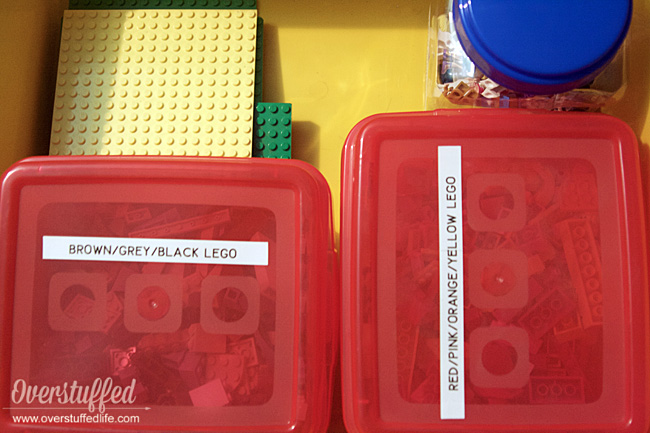 Use a labelmaker to label the toys in your playroom—including LEGO bins.