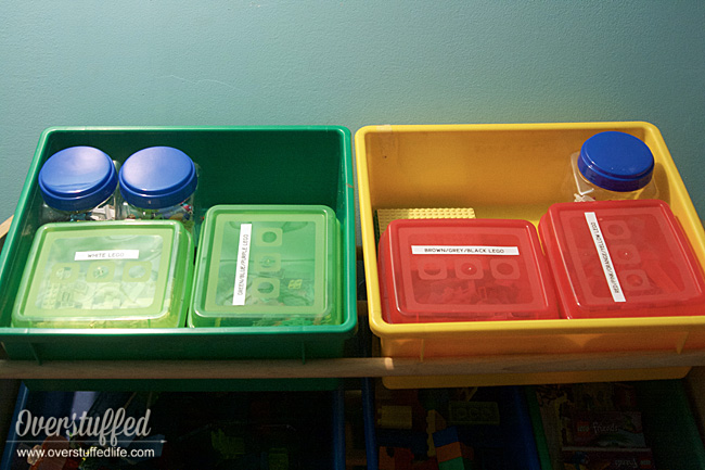 Use a labelmaker to label the toys in your playroom—including LEGO bins.