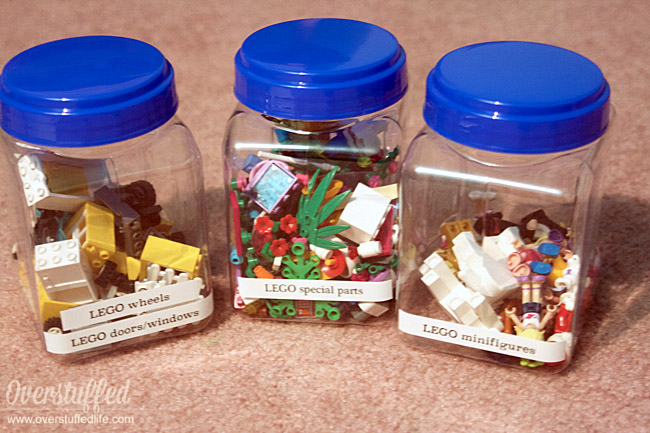 Use a labelmaker to label the toys in your playroom—including LEGO bins.