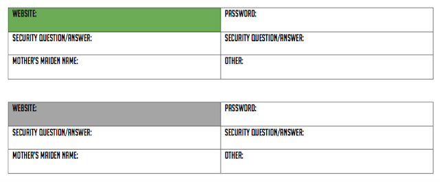 Free printable to keep track of your online passwords and security questions and answers