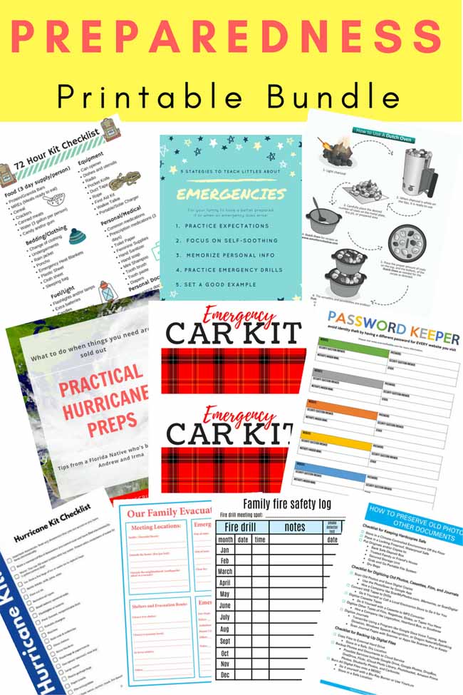 Download this free preparedness printable pack and be ready for any disasters that my come your way including hurricanes, fires, car emergencies, identity theft and more. Create a 72 hour kit.