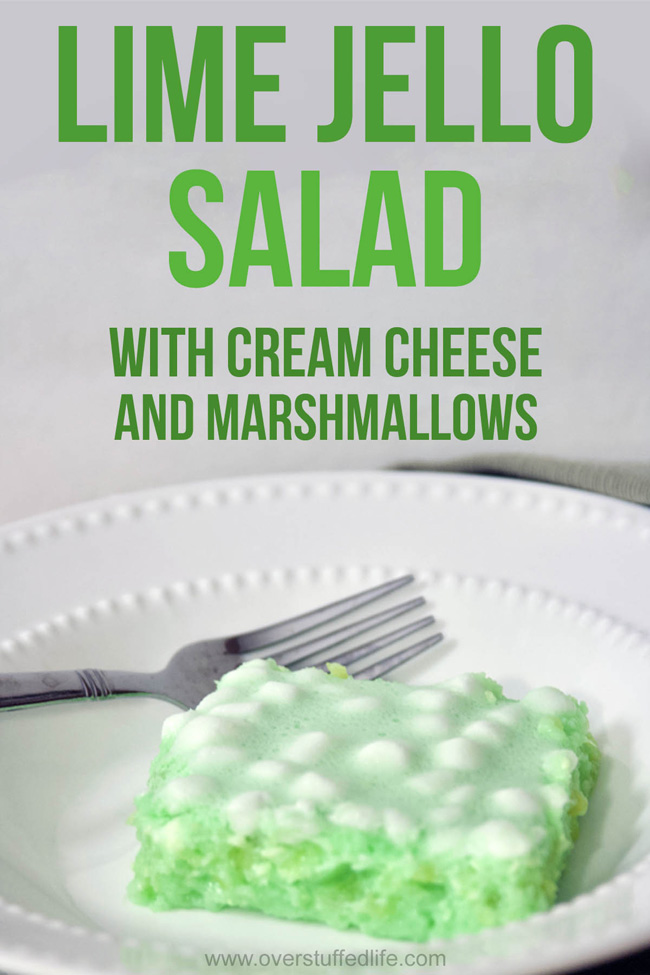 Recipe for green jello salad. Contains lime jello, cream cheese, marshmallows, and crushed pineapple