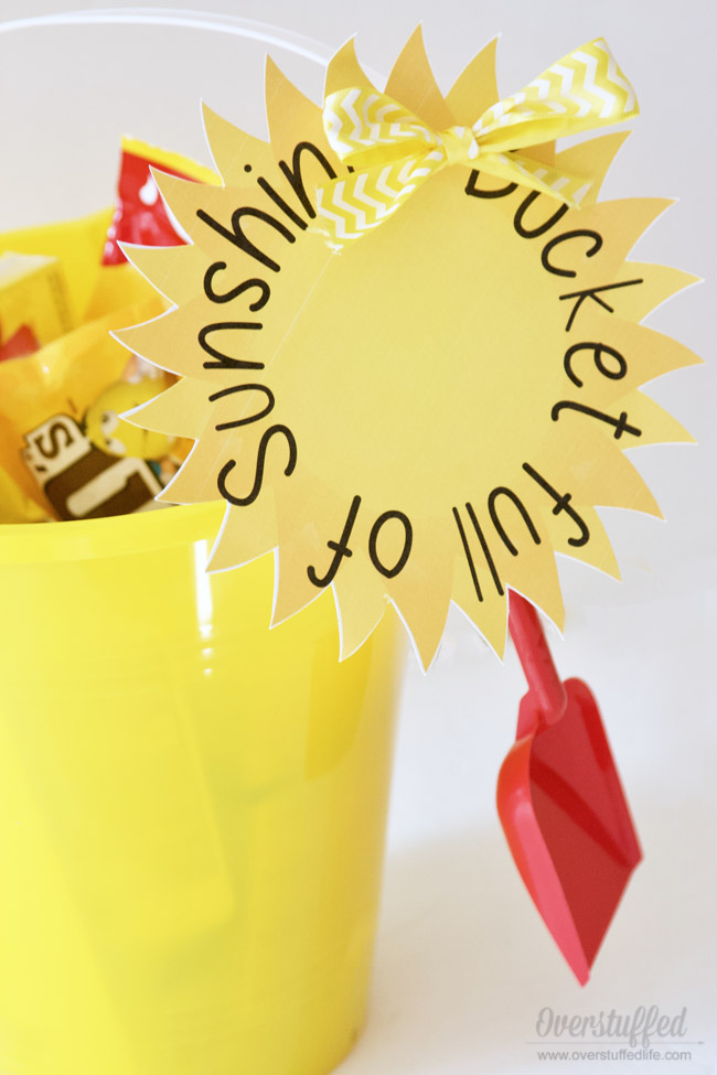 A Bucket Full of Sunshine—an adorable gift idea! Just fill up a yellow bucket with yellow goodies from Dollar Tree and use this free printable to make someone's day brighter!