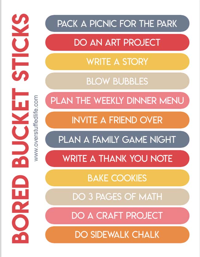 Use this free bored bucket printable to make a bored bucket for your kids. Filled with 120 activities, there are plenty of options to keep kids happy and engaged!