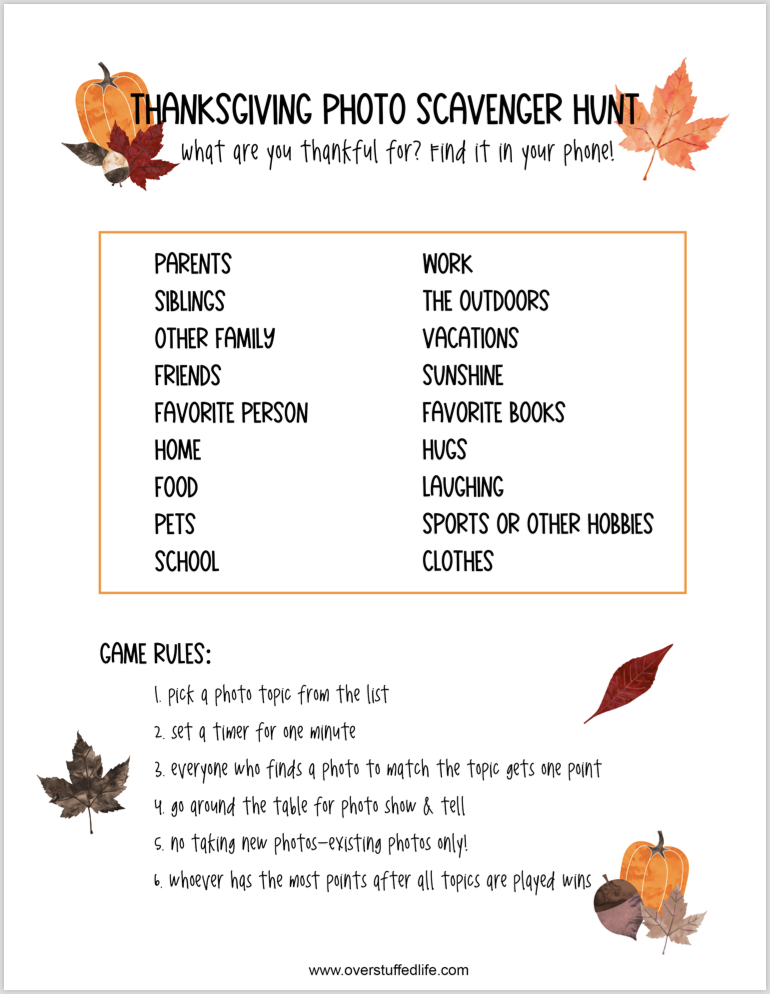 Free Printable: Thanksgiving Photo Scavenger Hunt - Overstuffed Life