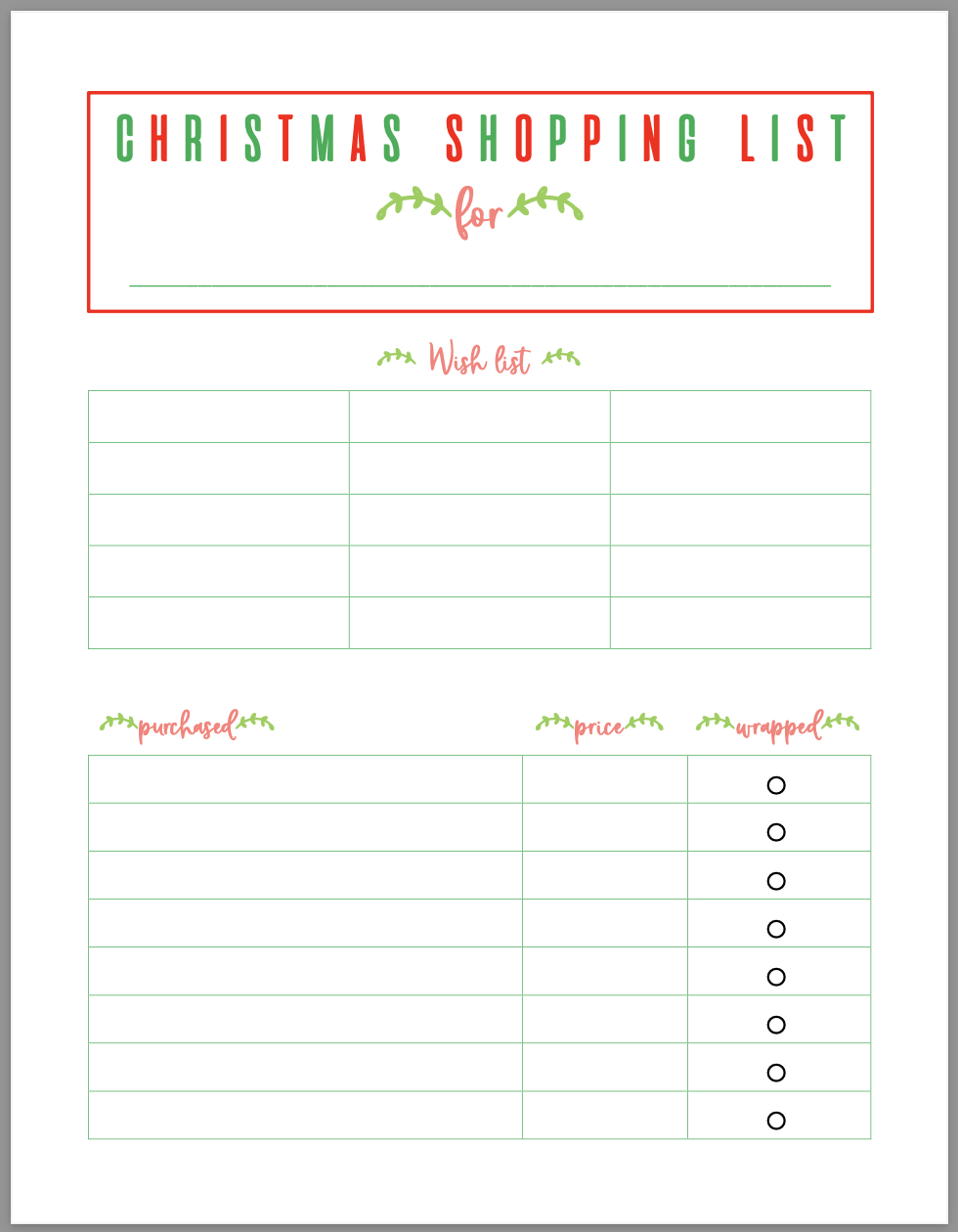 Christmas Gift Shopping List: Free Printable - Overstuffed Life